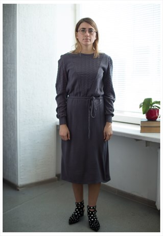 VINTAGE 80'S GREY KNITTED LONG SLEEVED MIDI DRESS