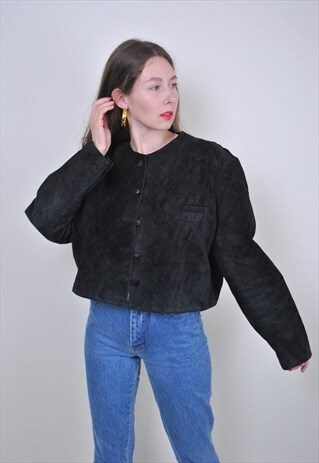 VINTAGE BLACK QUILTED BLAZER, 80S LEATHER EVENING JACKET