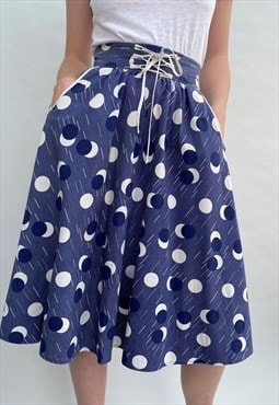 70's Vintage Ladies Blue Polka Dot Circular Midi Skirt