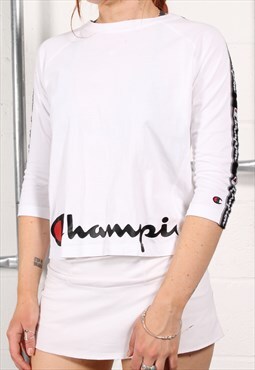 Vintage Champion Long Sleeve Top in White Sports Tee XS