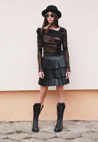 LAYER SKIRT BLACK LEATHER SKIRT RUFFLED EXTRAVAGANT F1564