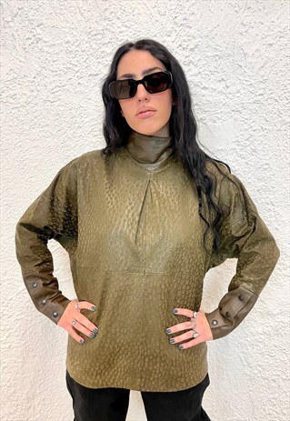 Vintage 80s leather turtle neck green shirt 