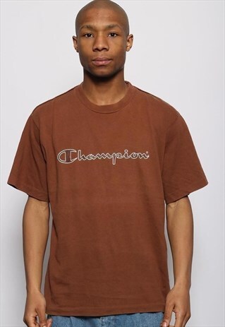 VINTAGE CHAMPION BIG SPELL OUT LOGO T-SHIRT BROWN