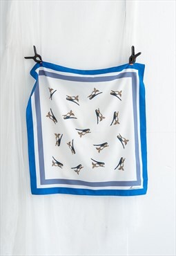 Vintage 80s Square Birds Design Scarf in White and Blue
