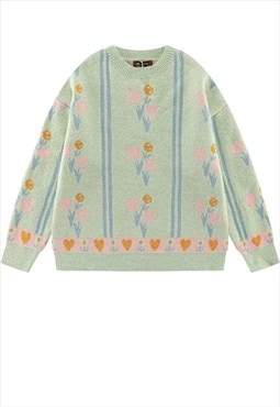Floral sweater knitted heart stripe jumper in green