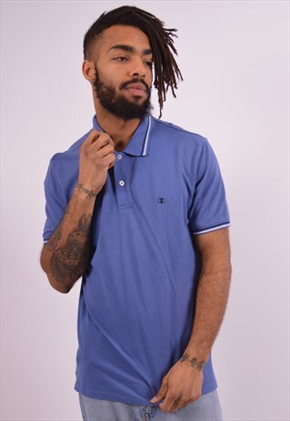CHAMPION MENS VINTAGE POLO SHIRT LARGE BLUE 90S