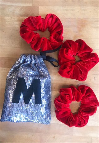 3 PERSONALISED REWORKED VELVET SCRUNCHIES & SEQUIN GIFT BAG