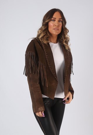 SUEDE LEATHER TASSEL FRINGE JACKET VINTAGE UK 14 (CW2D)