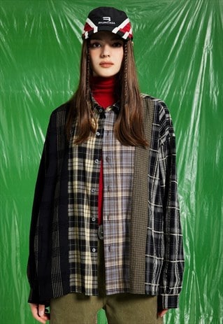 PATCH WORK SHIRT LONG SLEEVE CHECK BLOUSE PLAID TOP IN GREY