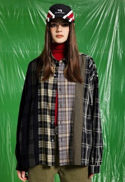 Patch work shirt long sleeve check blouse plaid top in grey