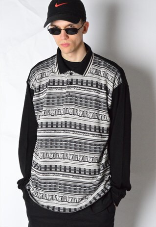 VINTAGE 80S BLACK AZTEC POLO SWEATSHIRT