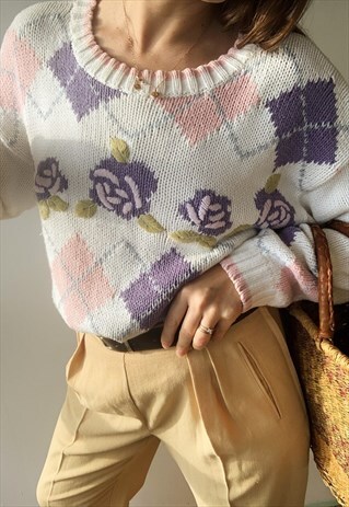 VINTAGE 80S FLORAL EMBROIDERED COTTON KNITTED JUMPER SWEATER