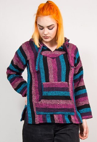 VINTAGE 90'S MULTICOLOUR STRIPE FESTIVAL BAJA HOODIE JUMPER
