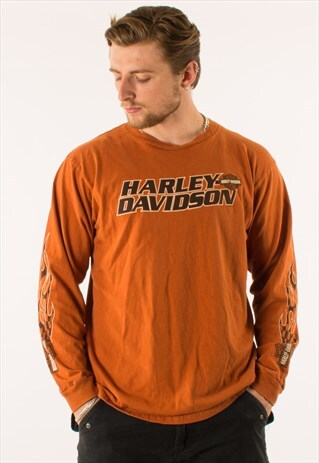 VINTAGE 90S ORANGE HARLEY DAVIDSON LONG SLEEVE T-SHIRT
