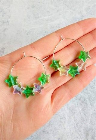GREEN IRIDESCENT CANDY STAR HOOP EARRINGS