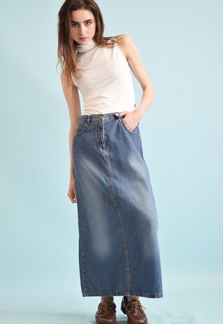 90'S RETRO DENIM REGULAR WAIST STONEWASH MOM'S MAXI SKIRT