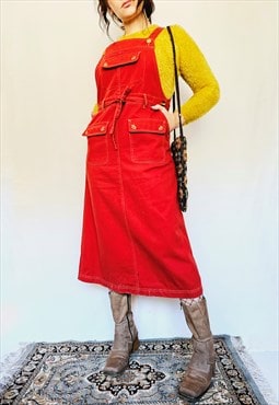 Vintage 90s red denim cotton dungarees midi dress