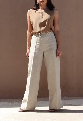 DEADSTOCK 90S BOHO CHIC BEIGE LINEN WIDE LEG PANTS,TROUSERS