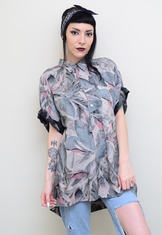 VINTAGE 90'S PINK GREY INDIE PATTERNED OVERSIZED SHIRT