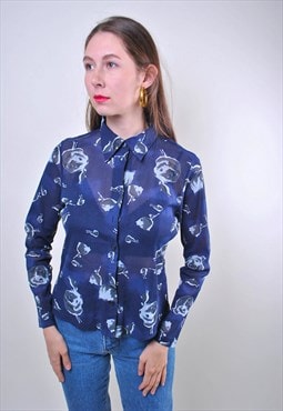 80s roses print blue long sleeve women transparent blouse