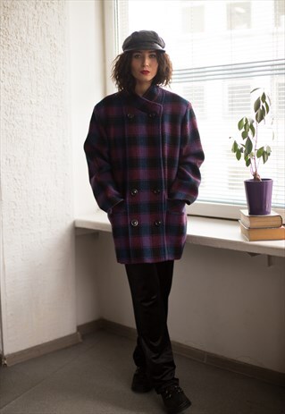 VINTAGE 90'S PURPLE PLAID DOUBLE BREASTED WOOL COAT