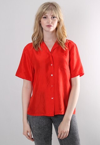 VINTAGE 80S RED SILK SHORT SLEEVE BLOUSE SHIRT TOP