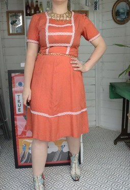 Vintage 50s Red Polkadot Spotty Spots Pattern Midi Dress