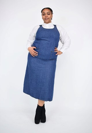 VINTAGE 90'S LONG DENIM PINAFORE DRESS WITH POCKETS