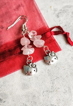 Handmade Hello Kitty Rose Quartz Gemstone Earrings