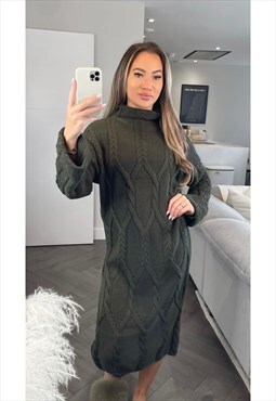 High Neck Maxi Cable Knitted Jumper Dress In Khaki