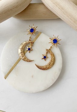 Gold Diamante Drop Blue Moon Star Chandelier Earrings