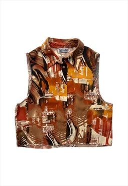 90s Vintage Top Sleeveless vest waistcoat abstract orange
