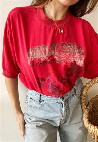 VINTAGE 80S RETRO GRAPHIC PRINT TOP T-SHIRT TEE RED BLOUSE