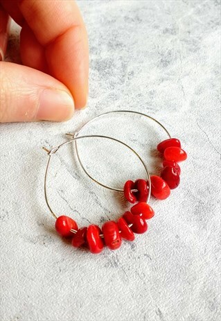 CORAL GEM STONE HOOP EARRINGS
