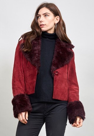 VINTAGE 90'S RASPBERRY FUR DETAILED RED SUEDE JACKET