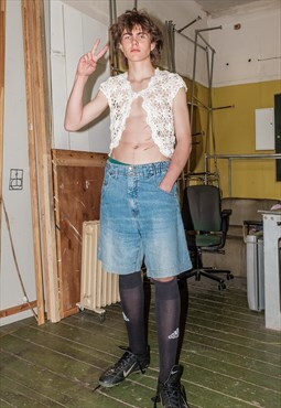 90's Vintage flare denim shorts in light blue