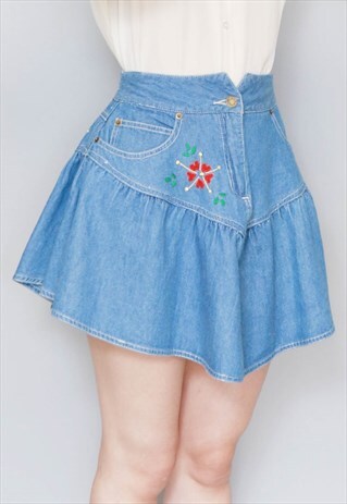 VINTAGE 1990'S LIGHT BLUE EMBROIDERED DENIM MINI SKIRT