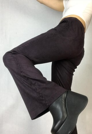 90S PURPLE SUEDETTE/FAUX SUEDE FLARED LACE UP TROUSERS