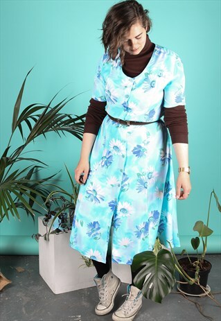 VINTAGE SUMMER MIDI DRESS BLUE FLORAL PATTERN