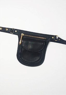 Vintage Black Leather Fanny Pack. Unisex Black Leather Bag