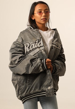 VINTAGE REEBOK NFL RAIDERS DISTRESSED VARSITY JACKET
