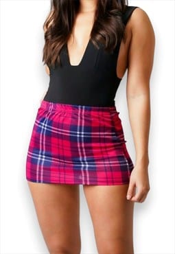 Pink Tartan Micro Mini Skirt High Waisted Stretch Bodycon