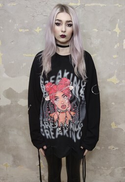 Anime print sweatshirt Gothic thin top Dua Lipa tee in black