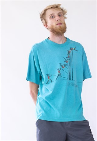 80S VINTAGE MENS ADIDAS POLE VAULTING ATHLETIC LOGO T-SHIRT