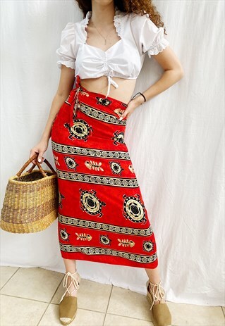 VINTAGE 90S BOHO WRAP UP TURTLE PRINT FESTIVAL MAXI SKIRT