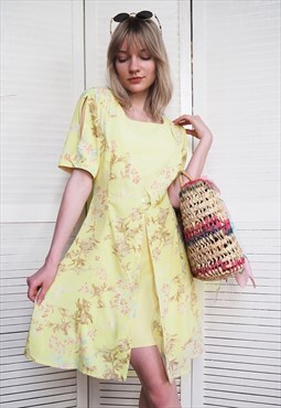 Vintage 80s minimalist floral print pastel yellow dress