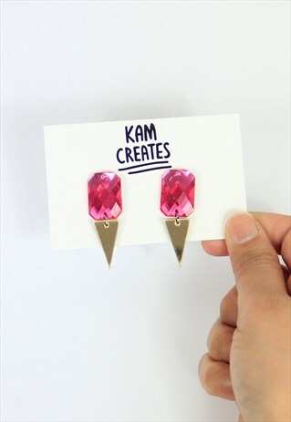 GEM TRI DROP STUDS IN PINK AND GOLD