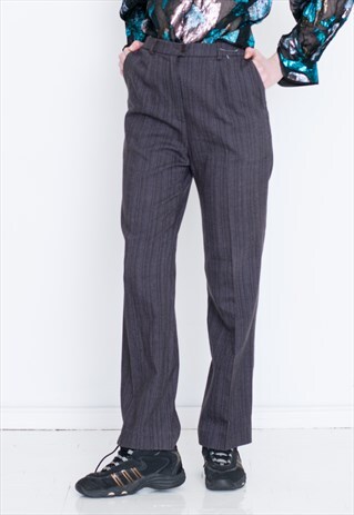 VINTAGE GREY STRIPED HIGH WAIST WIDE LEG RETRO TROUSERS