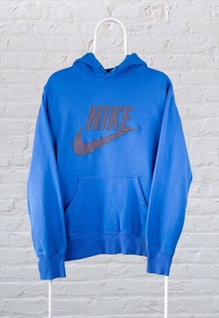 VINTAGE NIKE HOODIE SPELL OUT EMBROIDERED BLUE MEDIUM