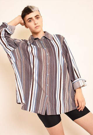 Y2K RETRO STRIPED PRINT CORDUROY OVERSIZED SHIRT TOP